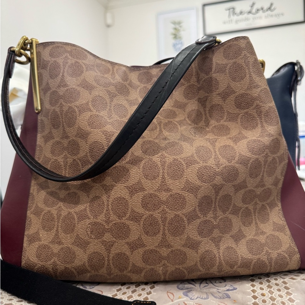 Coach Signature Canvas Shoulder Bag in Brown with Burgundy Panels